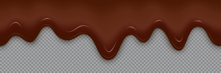 Dripping chocolate on transparent background. Glossy melted dark cream texture with smooth curves and highlights for dessert decoration. Food design. Realistic 3d vector illustration.