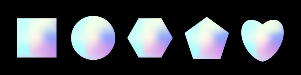 Hologram stickers set. Holographic gradient geometric labels. Neon pastel square, circle, heart, hexagon shapes with soft iridescent glow. Vector illustrations isolated on black.