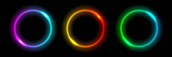 Neon glow light round frames. Abstract blurred rainbow light circles background. Colored laser bright round icons. Colourful geometric graphic vector set isolated on black.