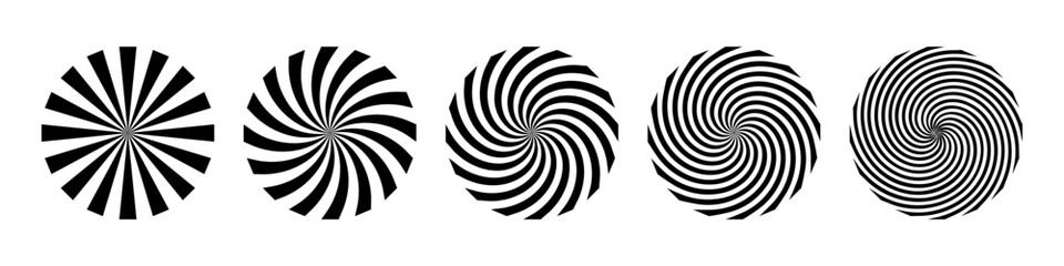 Black and white spiral illusion background. Circus backdrop. Abstract hypnotic radial patterns with optical distortion and twisted vortex effect. Dynamic graphic vector illustrations set.