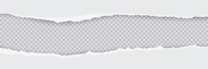 Horizontal torn white paper page with ripped edges isolated on transparent background. Textured ripped page for creative design, banners, overlays in media projects. Realistic vector illustration.