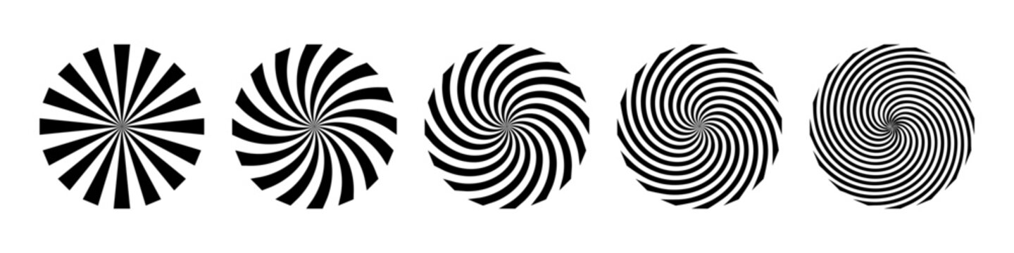 Black and white spiral illusion background. Circus backdrop. Abstract hypnotic radial patterns with optical distortion and twisted vortex effect. Dynamic graphic vector illustrations set.