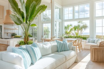 Sun-drenched coastal living room with ocean view