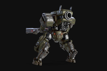 3d render rear view of sci-fi mech soldier stands in an attack pose holding an assault rifle with both hands. Big military robot warrior in heavy green, gray scratched metal armor on dark background.