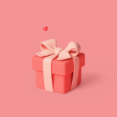 3d render of simple kawaii red gift box wrapped with bow, ribbon for cozy Valentine's Day celebration. Concept art romantic cute gift for anniversary, birthday, women's day, Christmas, pink background