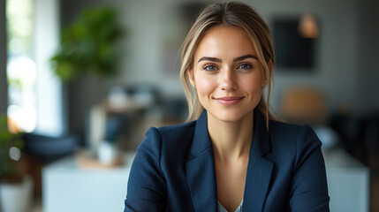 Obraz premium Young female executive exudes confidence in a navy blazer, seated at a modern desk, embodying professionalism and leadership.