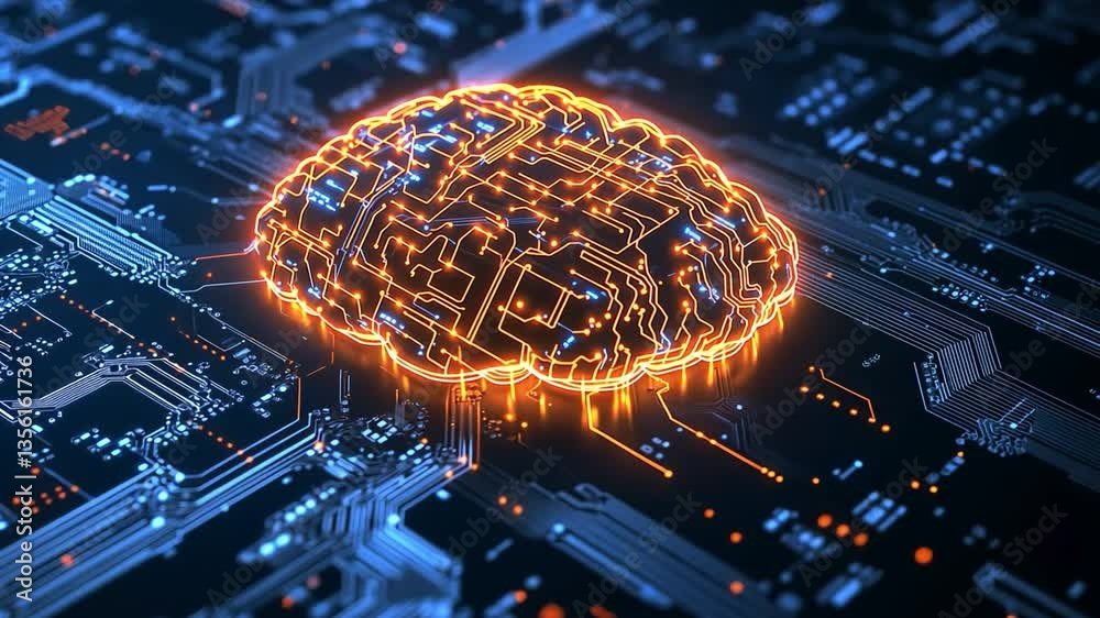 Poster digital brain: a glowing brain formed by interconnected circuits, symbolizing the power of artificia