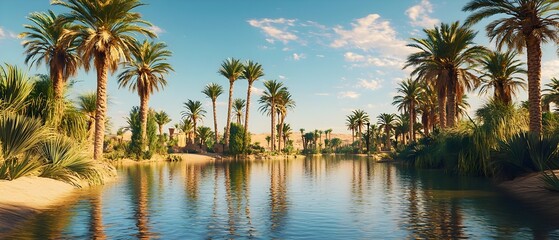 Serene Desert Oasis at Golden Hour with Palm Trees