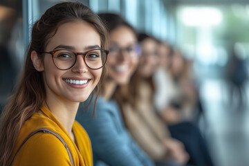 Fototapeta premium Smiling Woman In Glasses Posing With Friends In A Blurred Background