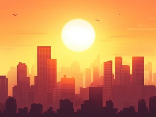 Sunset Cityscape Silhouette: Urban Skyline at Golden Hour, City Buildings at Dusk