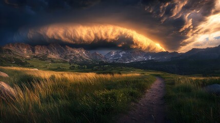 Obraz premium Rolling Storm Over Mountain Ridge with Dramatic Cloudy Skies