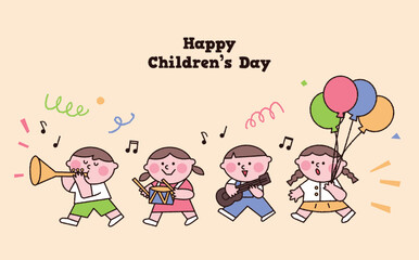 Children's characters who sing and play musical instruments in celebration of Children's Day