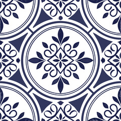 A seamless Moroccan tile pattern with intricate blue and white symmetrical motifs