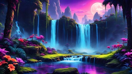Serene, vibrant waterfall cascading into a tranquil pool, surrounded lush flora under a full moon.
