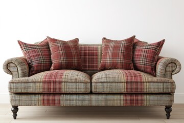 Neutral livingroom interior with fabric sofa, pillows and plaid on clear white wall background. 3D rendering.