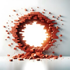 A hole in red brick wall isolated on white background