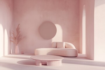 Scandinavian style interior with sofa and coffe table. Empty wall mock up in minimalist interior with pastel colors. 3D illustration.