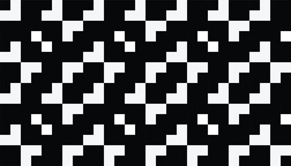 Black and white abstract pattern with interlocking geometric shapes creates a dynamic and futuristic optical effect. Suitable for modern design and minimalist aesthetics