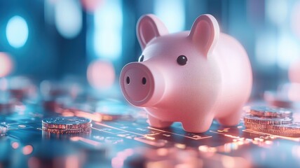 Piggy bank on a digital circuit board, symbolizing savings and finance in a tech-inspired environment.