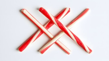 Colorful Striped Red and White Candy Sticks Arranged in a Cross Pattern on a White Background