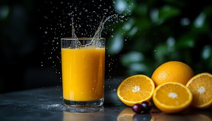 Refreshing orange juice splashing in a clear glass with fruit