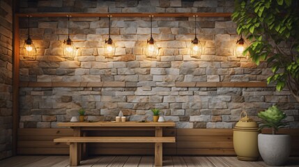 Rustic Stone Wall Patio with Wooden Table, Bench, and Hanging Lights