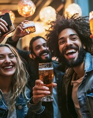 Happy Diverse Friends Toasting with Beer in a Pub