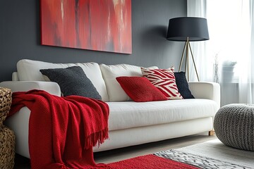 Red Throw on White Sofa in Modern Living Room