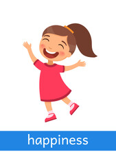 Happiness - concept of emotion. Little girl jumps happily. Learning English language. Children psychology. Cartoon character illustration