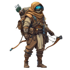 A hooded figure with glowing goggles holding a bow and arrow with a backpack on