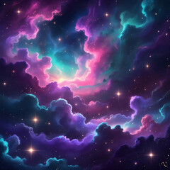 A mesmerizing cosmic nebula filled with vibrant hues of purple, pink, and teal, scattered with countless stars. The swirling clouds of interstellar gas and dust create a dreamy.