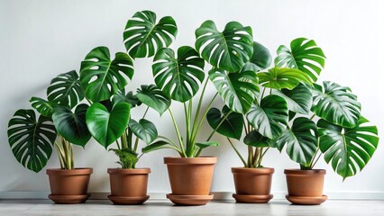 Obraz premium Panoramic Rainforest Plants Photography: Monstera Potted Plants White Background