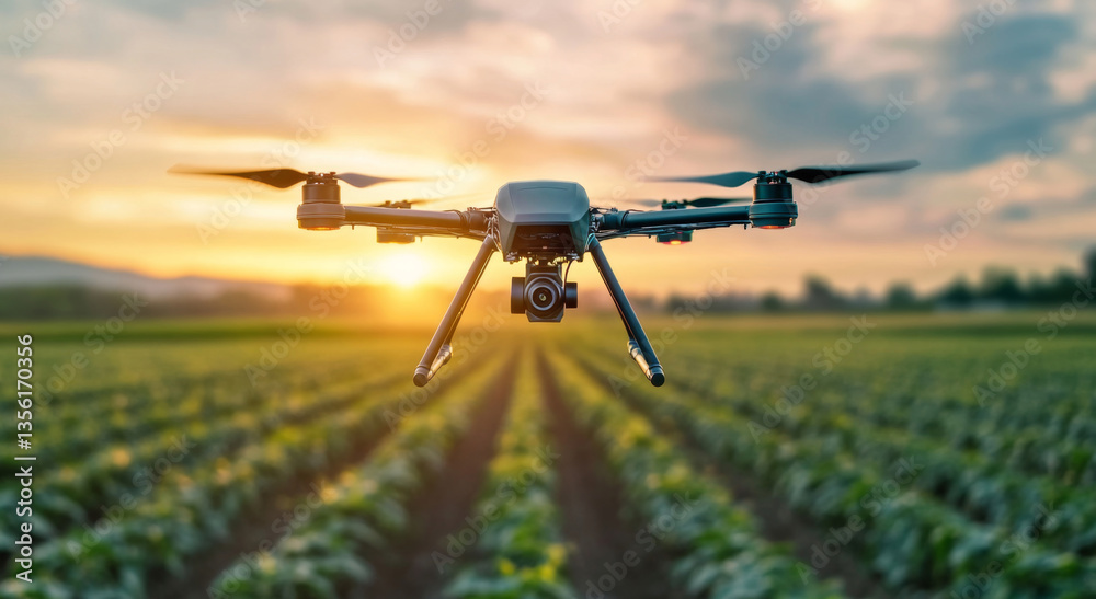 Poster a drone hovers over vibrant agricultural fields, capturing data during sunset. the technology repres