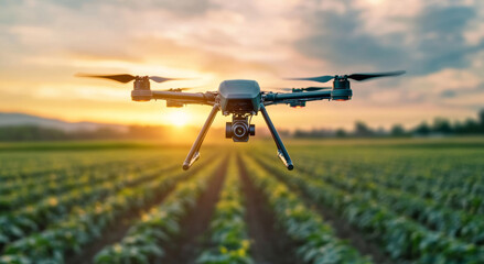 A drone hovers over vibrant agricultural fields, capturing data during sunset. The technology represents modern farming practices aimed at improving crop selection and monitoring growth patterns.