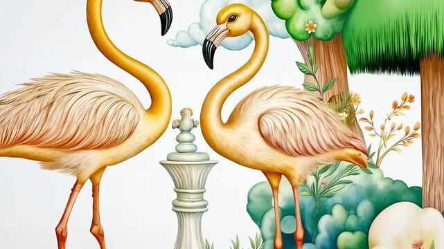 Mysterious flamingos on a chessboard in Wonderland from Carroll's fairy tale