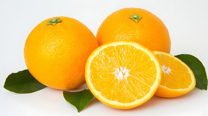 Fresh Oranges Displayed with Sliced Fruit Surrounded by Green Leaves on a White Background