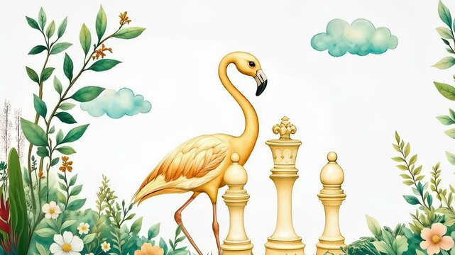 Mysterious flamingos on a chessboard in Wonderland from Carroll's fairy tale