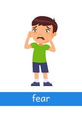Fear - concept of emotion.
Little boy scared. Learning English language. Children psychology. Cartoon character illustration