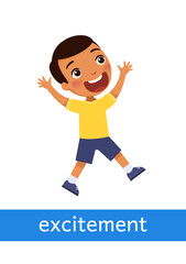 Excitement - concept of emotion. Little boy jumps happily. Learning English language. Children psychology. Cartoon character illustration