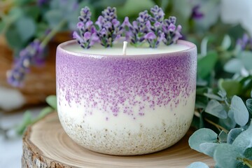 Lavender scented candle on wooden stand