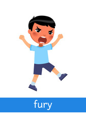 Fury  - concept of emotion. Little boy with strong anger expression.
Learning English language. Children psychology. Cartoon character illustration