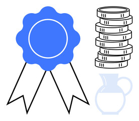 Blue award ribbon, stack of coins, and minimal pitcher symbolizing recognition, reward, wealth, and tradition. Ideal for success, achievement, finance lifestyle competition legacy incentives