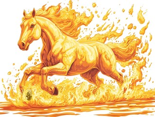 A powerful golden horse running through a fiery environment with flames