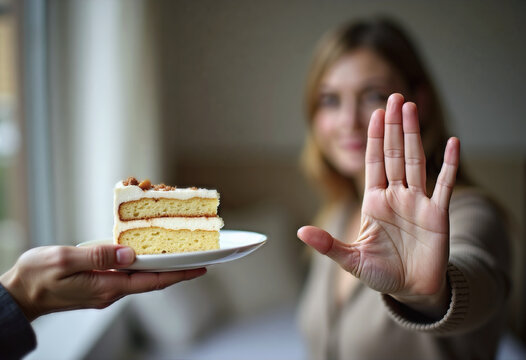 Woman saying NO to the offering of cake. Cutting down on sweet food concept 