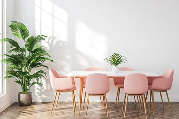 Room interior with pink dining table and chairs, white wall and green plant, 3d rendering