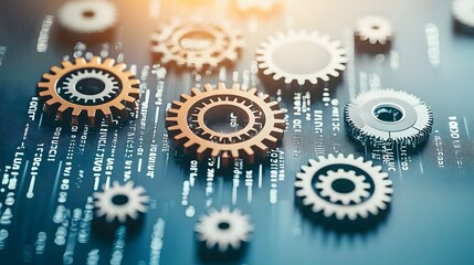 Close-Up of Interlocking Gears and Cogs on a Digital Background Symbolizing Innovation and Technology