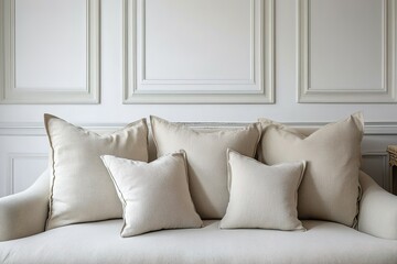 Rustic interior design of modern living room with beige fabric sofa and cushions. White wall with frame and space for text.