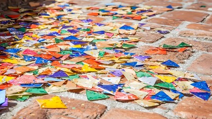 Colorful Confetti Scattered on Cobblestone Surface Creating a Festive Atmosphere