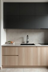 Modern Two-Tone Kitchen with Black Upper Cabinets and Light Wood Lower Cabinets, Black Faucet, Marble Backsplash, and Minimalist Design