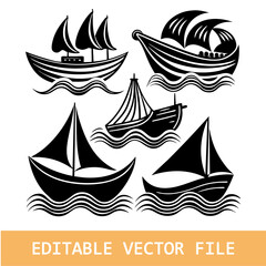canoe boat silhouette set, sailboat race logo vector icon illustration